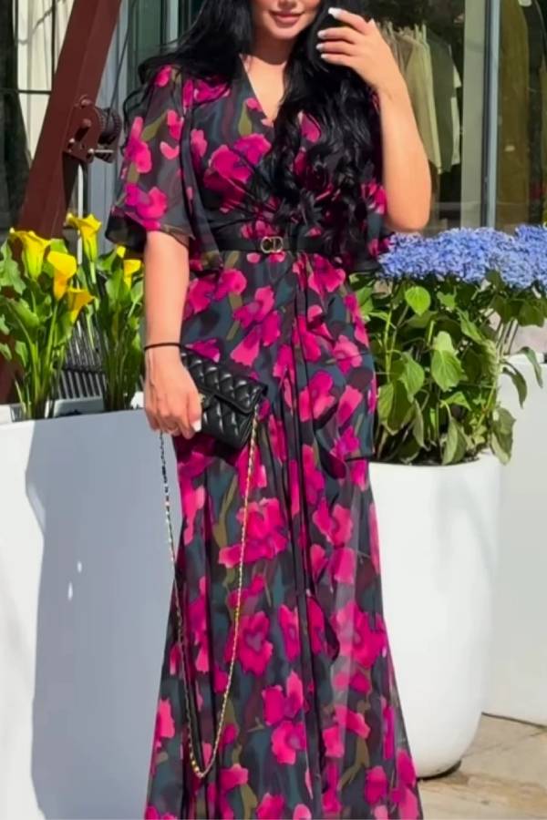 Retro V-neck trumpet sleeve printed dress