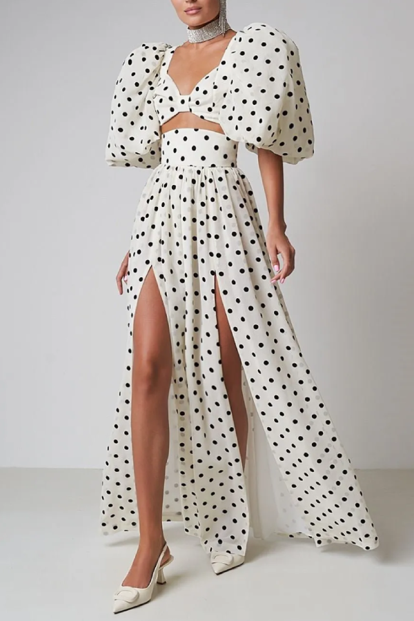 Puff Sleeve Waist Slit Hem Polka Dot Skirt Set