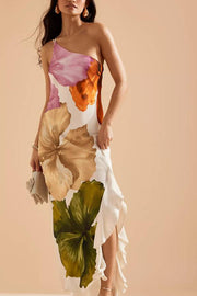 Love Filled Floral Print One Shoulder Side Ruffles Maxi Slip Dress