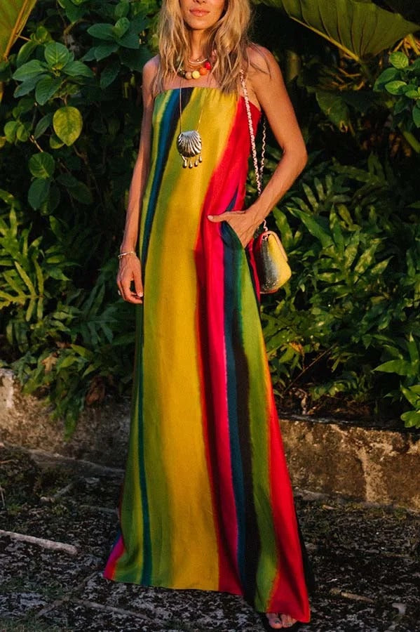 Artistic Rainbow Satin Watercolor Print Off Shoulder Pocketed H-line Maxi Dress