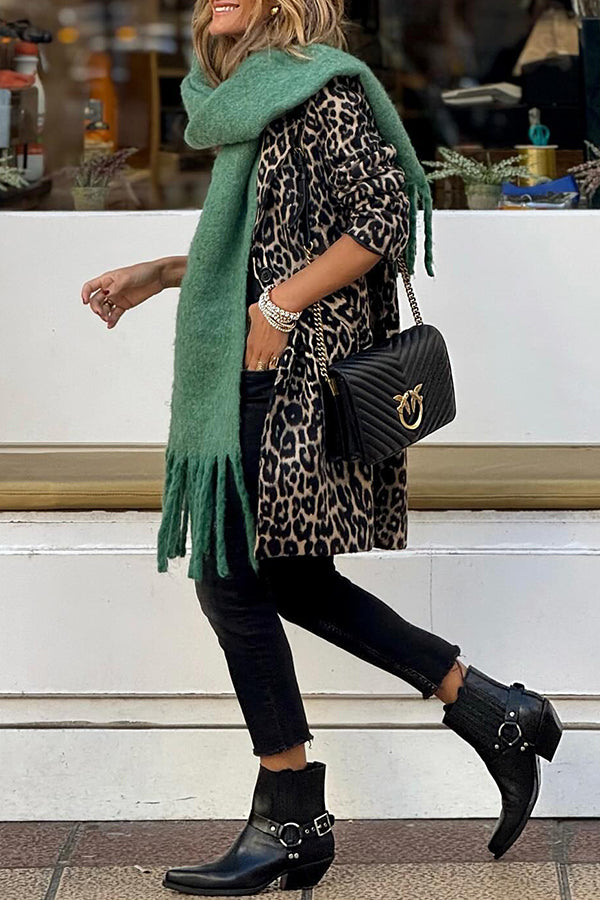 Leopard print lapel long stylish coat