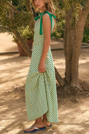 Linen Blend Solid Color V-neck Short Sleeve Waist Loose Slit Midi Dress