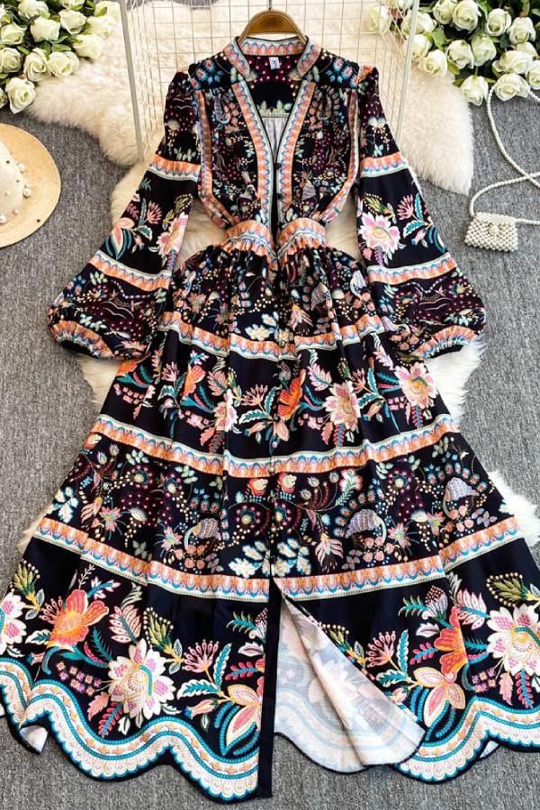 Retro print lantern sleeve fitted waist slit long dress