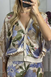 Exquisite Satin Floral Print Off-shoulder Shirt