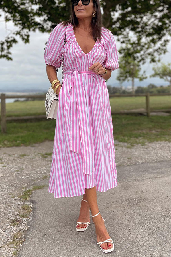 Striped Bud Sleeve V-Neck Belted Waist Dress