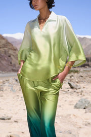 Alenah Satin Gradient Print V-Neck Loose Shirt and Casual Pocket Wide Leg Pants Set