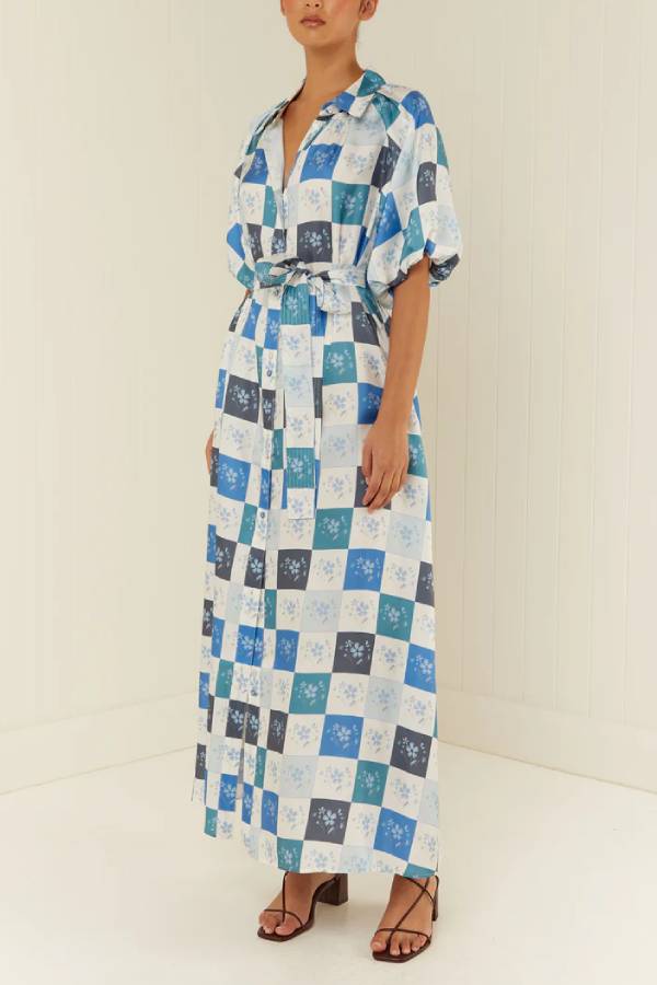 Blue Floral Tile Print Tie Waist Maxi Dress