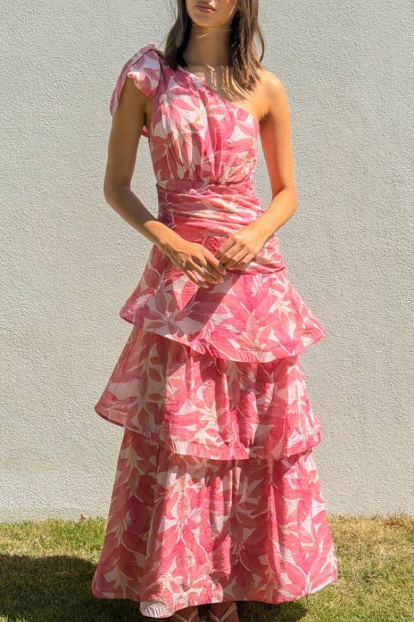 Floral One Shoulder Bow Tiered Cake Dress