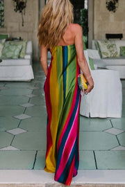 Artistic Rainbow Satin Watercolor Print Off Shoulder Pocketed H-line Maxi Dress