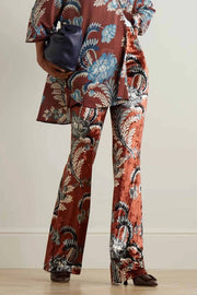 Exquisite Retro Folk Style Floral Print Elastic Bell-bottom Pants