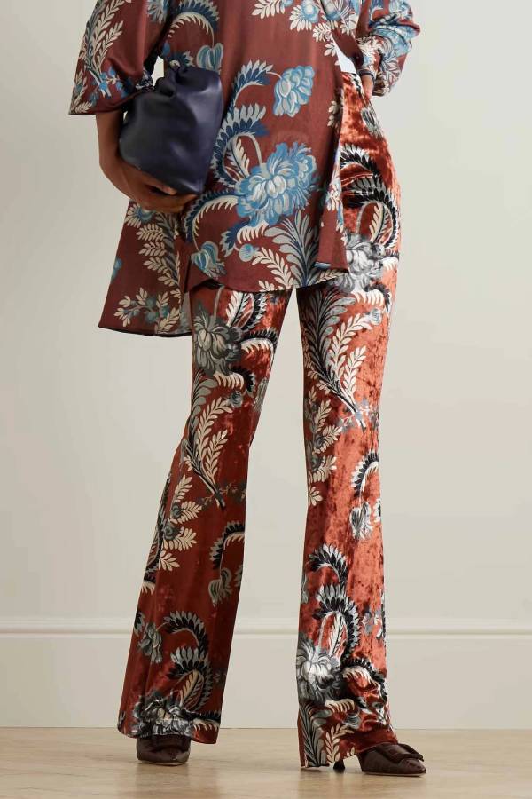 Exquisite Retro Folk Style Floral Print Elastic Bell-bottom Pants