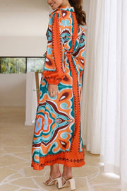 COLLARED BUTTON UP LONG BALLOON SLEEVE MAXI DRESS