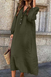 Cotton linen solid color long-sleeved V-neck button long jumpsuit