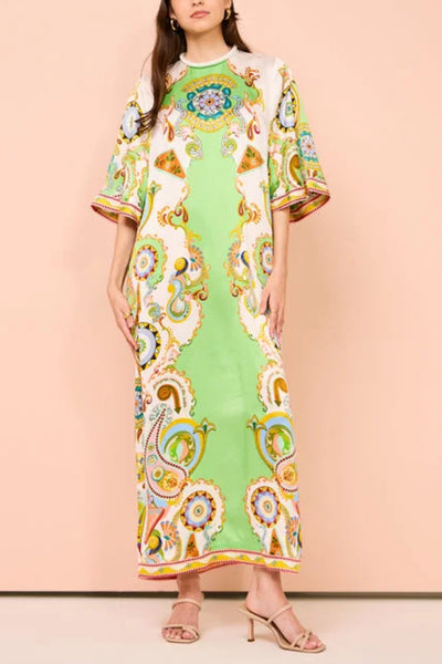 Oil-painted Art Midi Dress with Half Sleeves