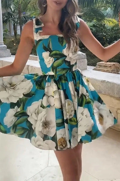 Fresh and Romantic Floral Print Square Neck Knotted Straps Mini Dress