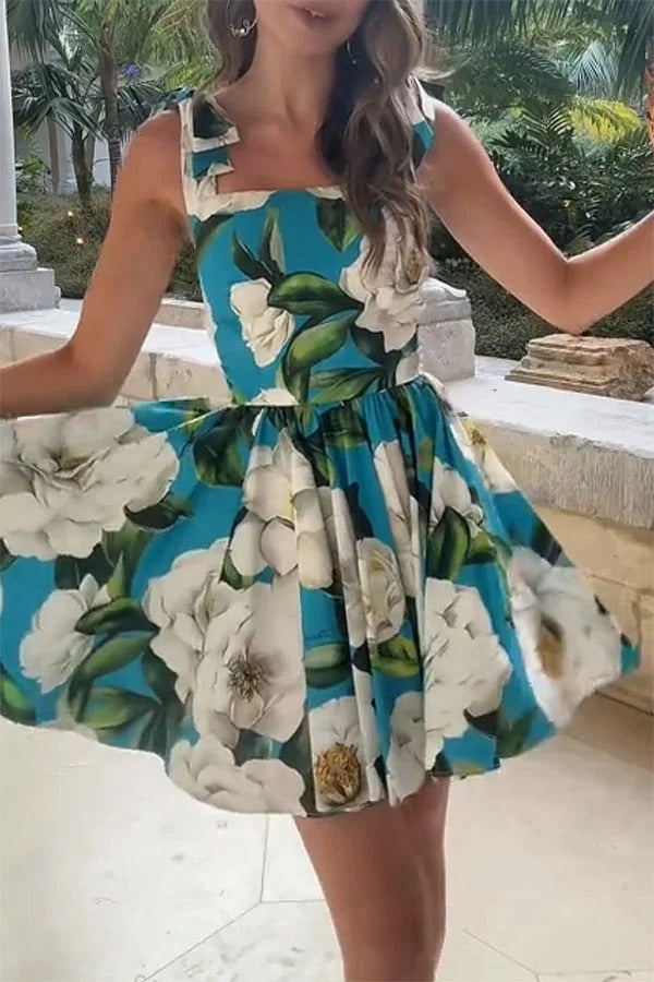 Fresh and Romantic Floral Print Square Neck Knotted Straps Mini Dress