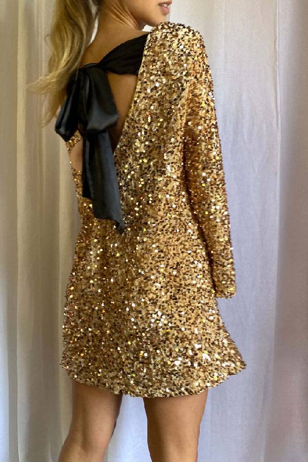 Dance All Night Sequin Back Tie Up Bow Loose Mini Dress