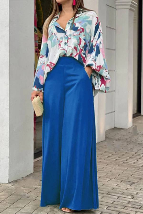 Artistic print satin wide-leg pants suit