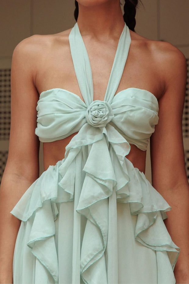 Gorgeous Vacation Halter Rose Detail Cut Out Ruffles Backless Maxi Dress