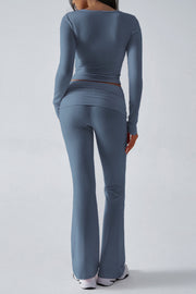 Women's Solid Color Simple Long Sleeve V-Neck Top And Trousers Knit Two-Piece Set