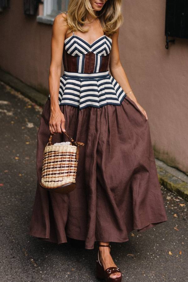 Golden Afternoon Linen Striped Midi-Dress