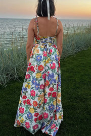 Garden Wedding Floral Print Back Tie-up Pocketed Slit Maxi Dress