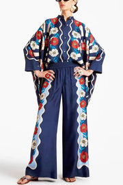 Fine Satin Floral Print Batwing Sleeve Pants Set - Blue