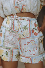 Unique Linen Floral Print Short Loose Top With Tie Pocket Shorts Set