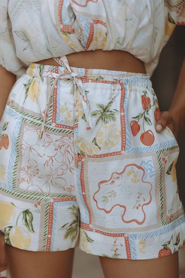 Unique Linen Floral Print Short Loose Top With Tie Pocket Shorts Set