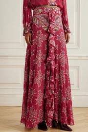 Unique Printed Chiffon Long-sleeved Loose Shirt and Elegant Ruffled Maxi Skirt Set