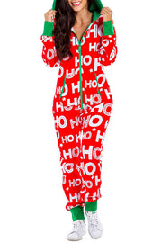 Christmas Print Zipper Pocketed Hooded Loungewear Jumpsuit