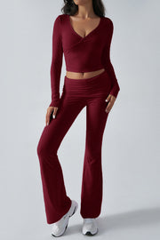 Women's Solid Color Simple Long Sleeve V-Neck Top And Trousers Knit Two-Piece Set