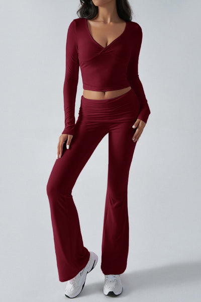 Women's Solid Color Simple Long Sleeve V-Neck Top And Trousers Knit Two-Piece Set