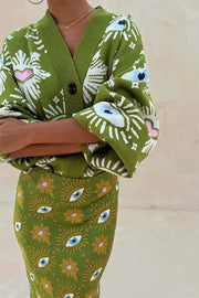 Mysterious Magic Knit Eye Heart Pattern Button Up Long Sleeve Loose Cardigan