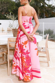 Botanical Print Square Neck Suspender Casual Full Hem Maxi Dress