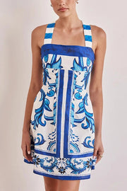 Summer Linen Blend Unique Print Wide Strap Pocket Mini Dress