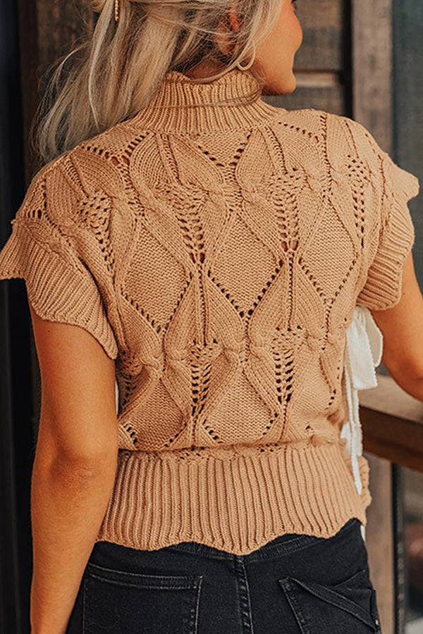 Light French Beige Hollowed Knit Scalloped Trim High Neck Sweater