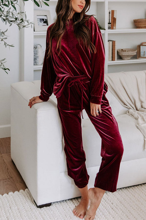 Red Solid Velvet Round Neck Top & Drawstring Pants Longe Set