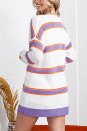 Striped Long Sleeve Ribbed Trim Button Cardigan