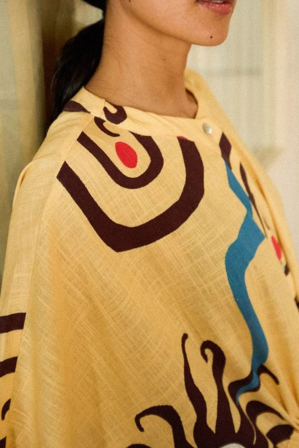Helia Linen Blend Unique Print Drawstring Waist Kaftan Maxi Dress