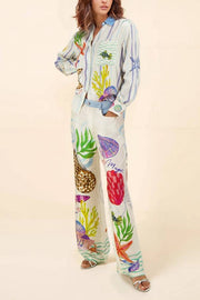 Dream Ocean Satin Unique Print Button Down Pocket Oversized Blouse