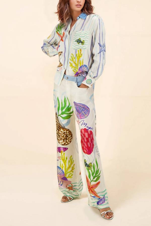 Dream Ocean Satin Unique Print Button Down Pocket Oversized Blouse