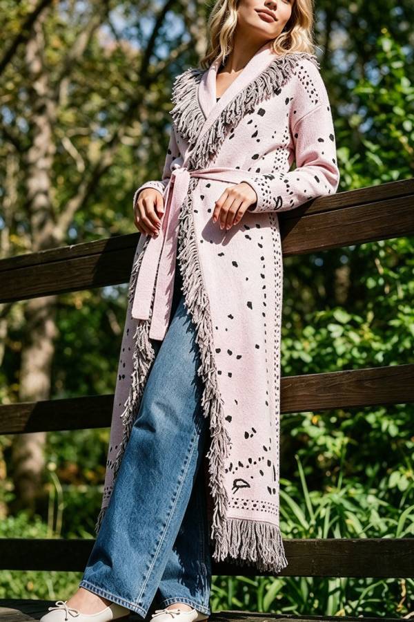Lennie Bandana Knit Printed Fringe Shawl Collar Long Sleeve Belted Duster Cardigan
