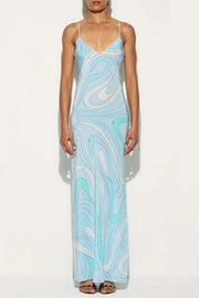 Sunny Horizon Unique Print V-neck Slit Slip Maxi Dress