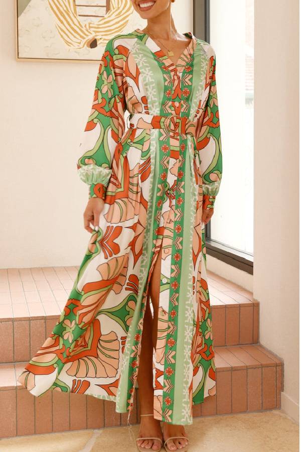 Autumn Maxi Dress - Orange/Green Print