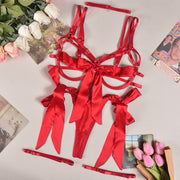 Sexy lingerie satin sexy breast-exposed leg ring suspenders 4-piece set