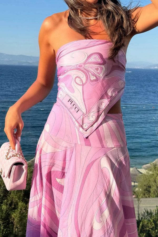 Nessie Satin Unique Print Scarf Tube Top and High Rise A-line Maxi Skirt Set