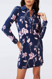 Floral print shirt collar long-sleeved straight dress
