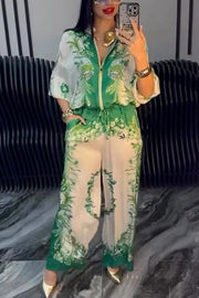 Unique Printed Casual Long-sleeved Loose Top and Elastic Waist Pocket Wide-leg Pants Set