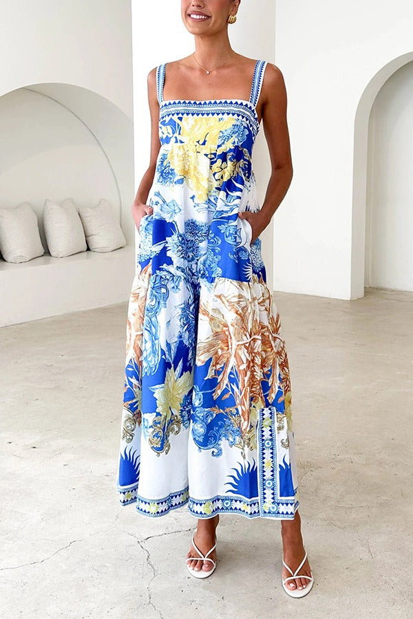 Unique Printed Square Neck Backless Pocket Maxi Dress